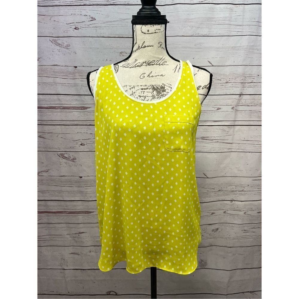 Loft Womens Yellow White Diamond Polka Dot Ikat Tank Top Blouse Chest Pocket S